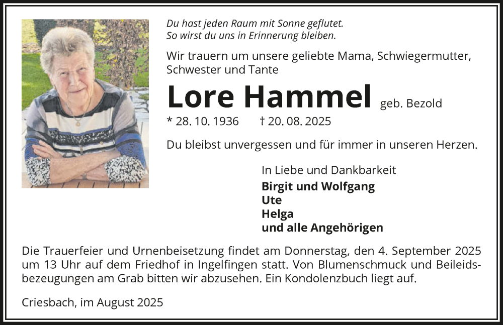  Traueranzeige für Lore Hammel vom 30.08.2025 aus GESAMT