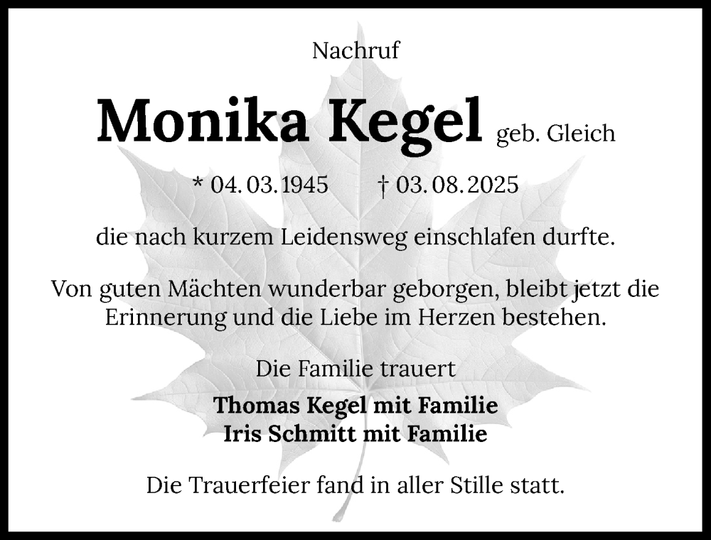  Traueranzeige für Monika Kegel vom 30.08.2025 aus GESAMT