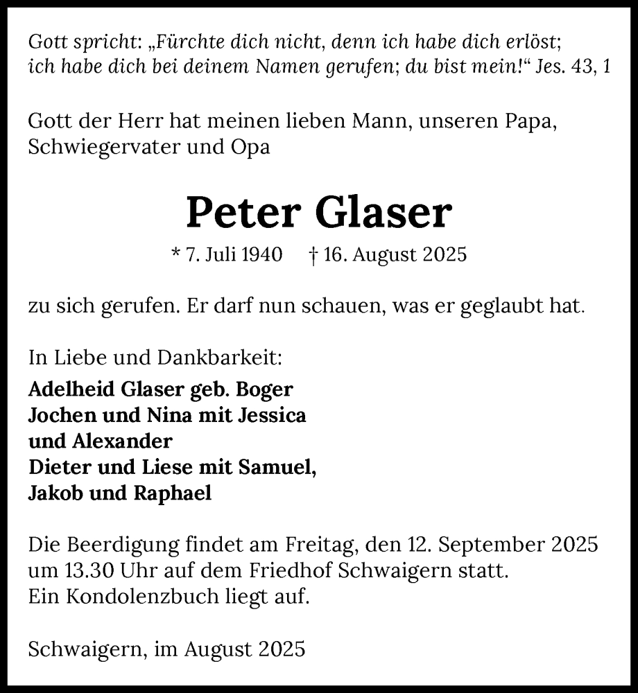  Traueranzeige für Peter Glaser vom 23.08.2025 aus GESAMT