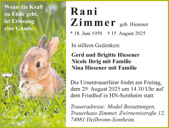 Traueranzeige von Rani Zimmer von GESAMT