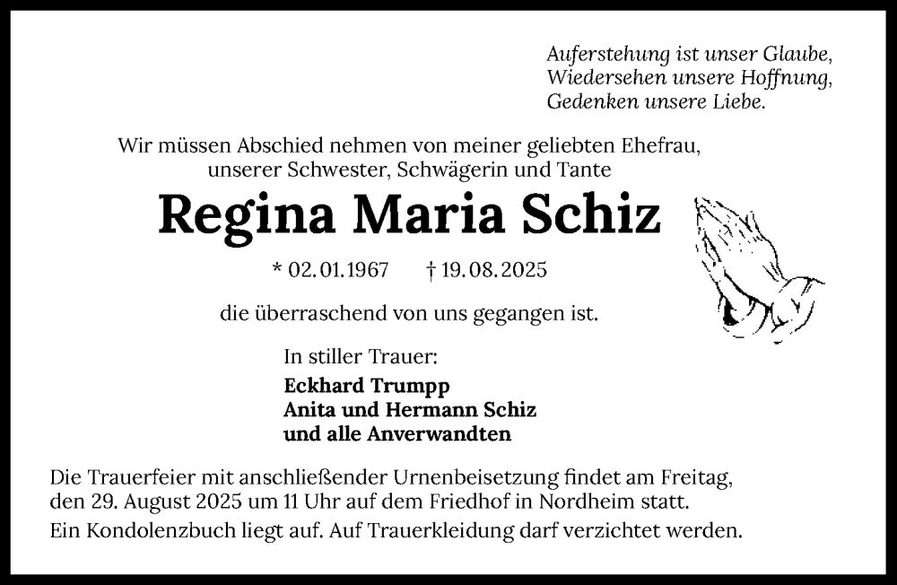  Traueranzeige für Regina Maria Schiz vom 23.08.2025 aus GESAMT