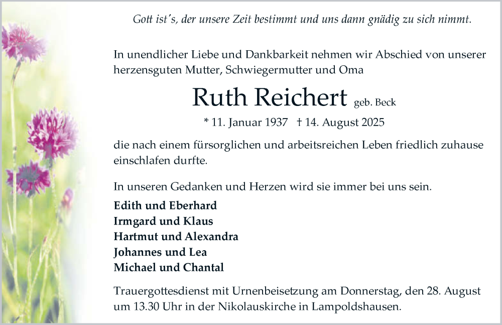  Traueranzeige für Ruth Reichert vom 23.08.2025 aus GESAMT