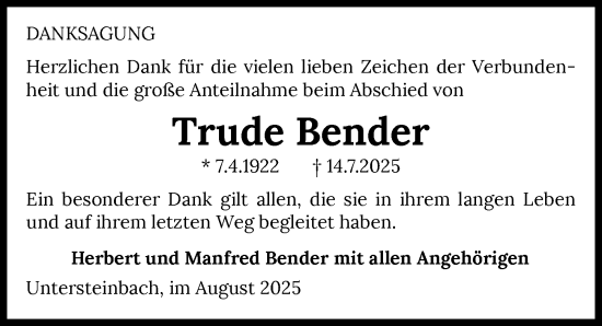 Traueranzeige von Trude Bender von GESAMT