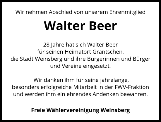 Traueranzeige von Walter Beer von GESAMT