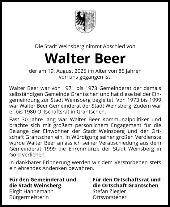 Traueranzeige von Walter Beer von GESAMT