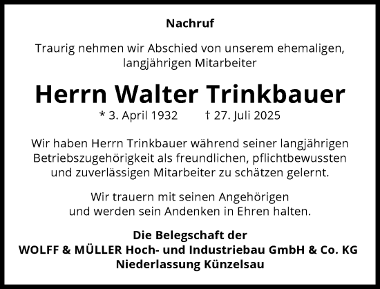 Traueranzeige von Walter Trinkbauer von GESAMT