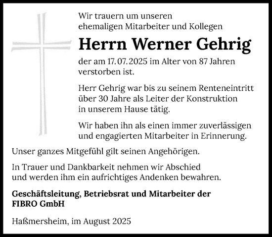 Traueranzeige von Werner Gehrig von GESAMT