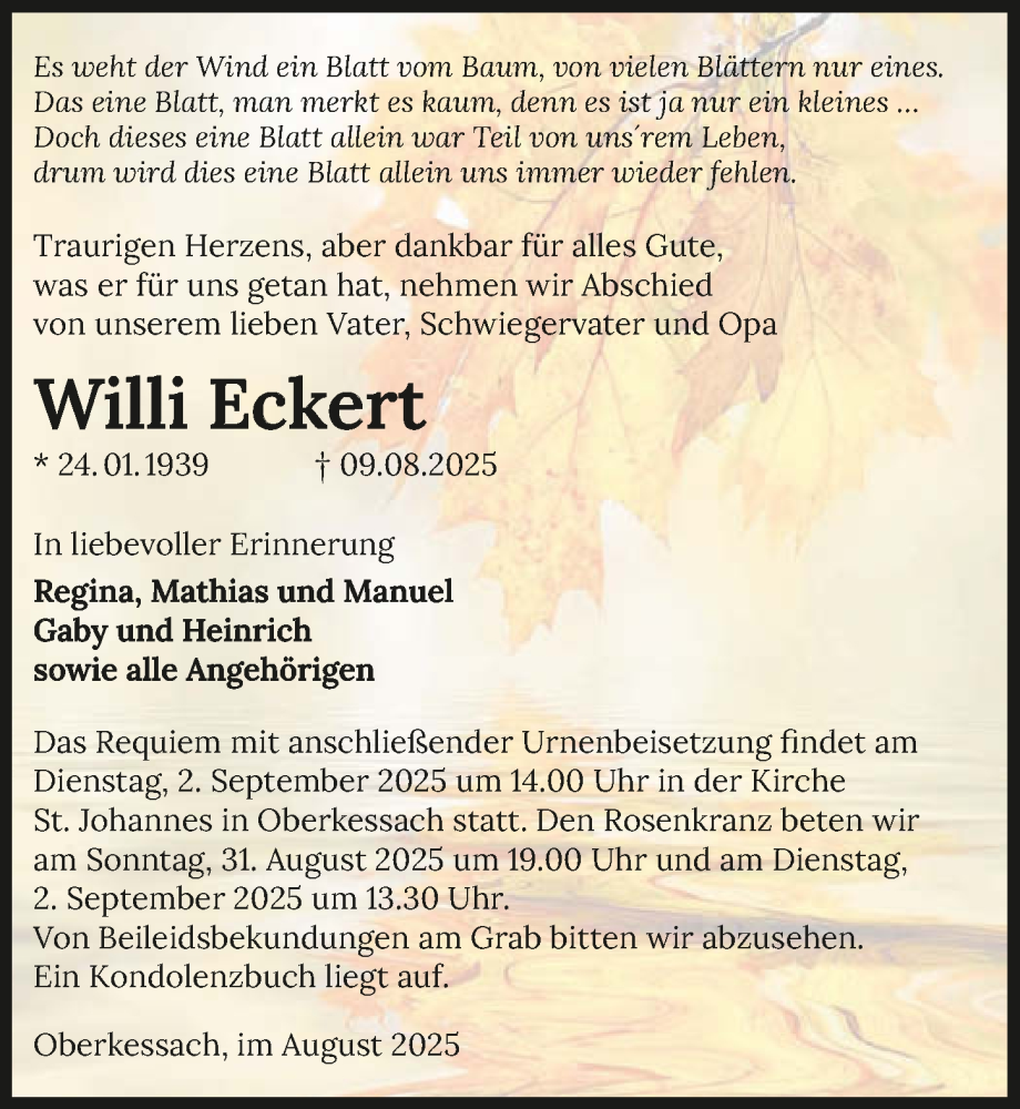  Traueranzeige für Willi Eckert vom 28.08.2025 aus GESAMT