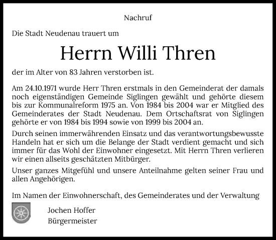 Traueranzeige von Willi Thren von GESAMT