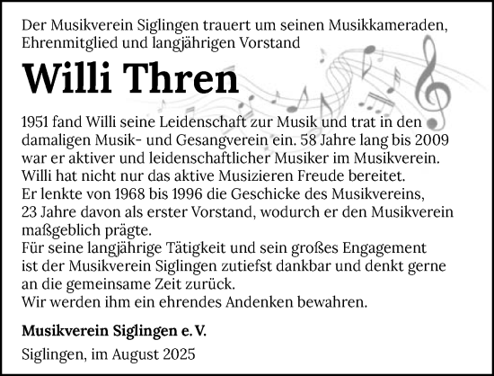Traueranzeige von Willi Thren von GESAMT