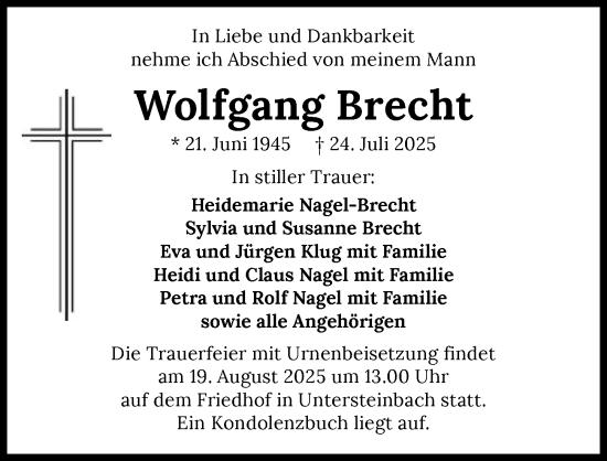 Traueranzeige von Wolfgang Brecht von GESAMT