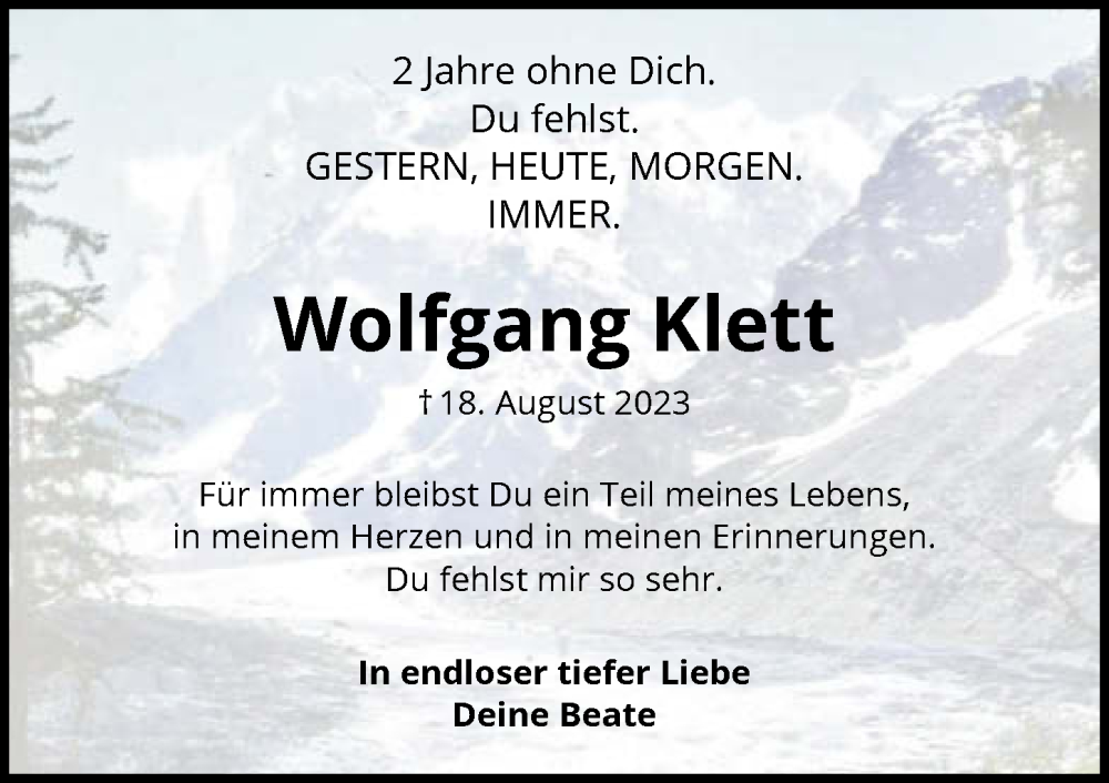  Traueranzeige für Wolfgang Klett vom 18.08.2025 aus GESAMT