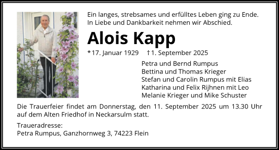 Traueranzeige von Alois Kapp von GESAMT
