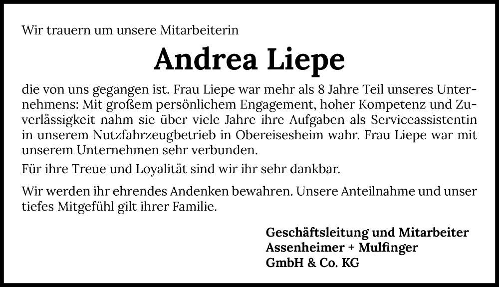  Traueranzeige für Andrea Liepe vom 06.09.2025 aus GESAMT