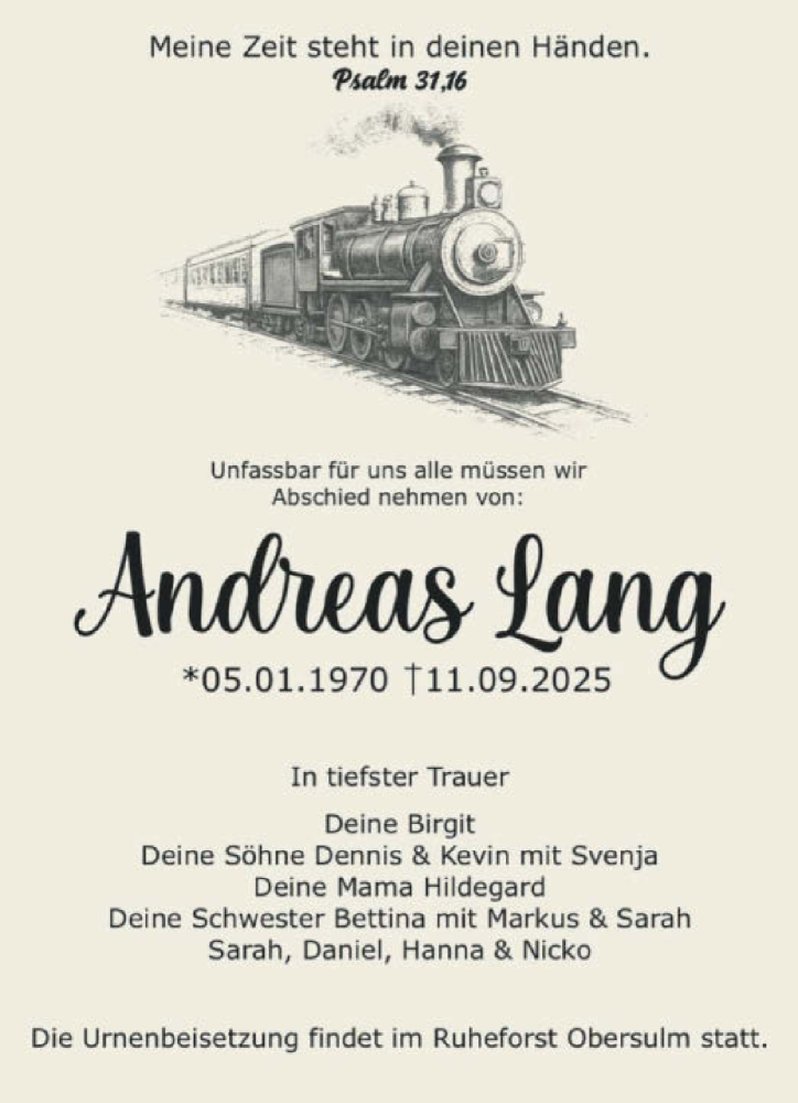  Traueranzeige für Andreas Lang vom 27.09.2025 aus GESAMT