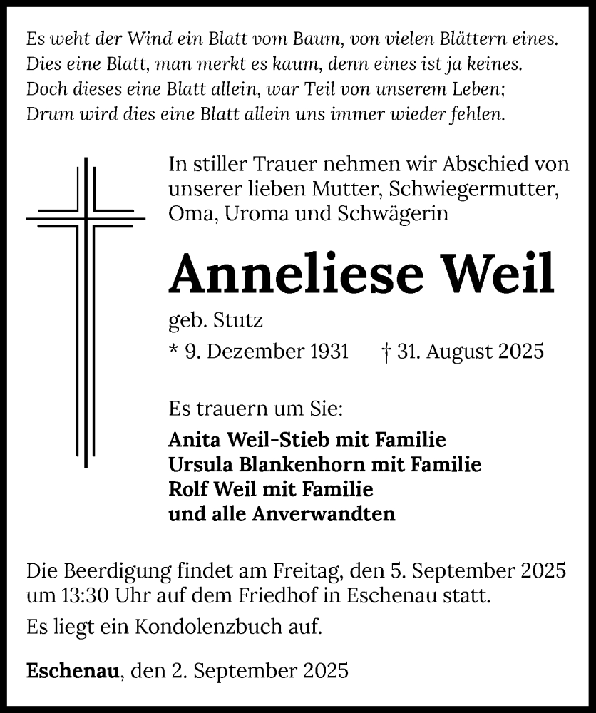  Traueranzeige für Anneliese Weil vom 02.09.2025 aus GESAMT