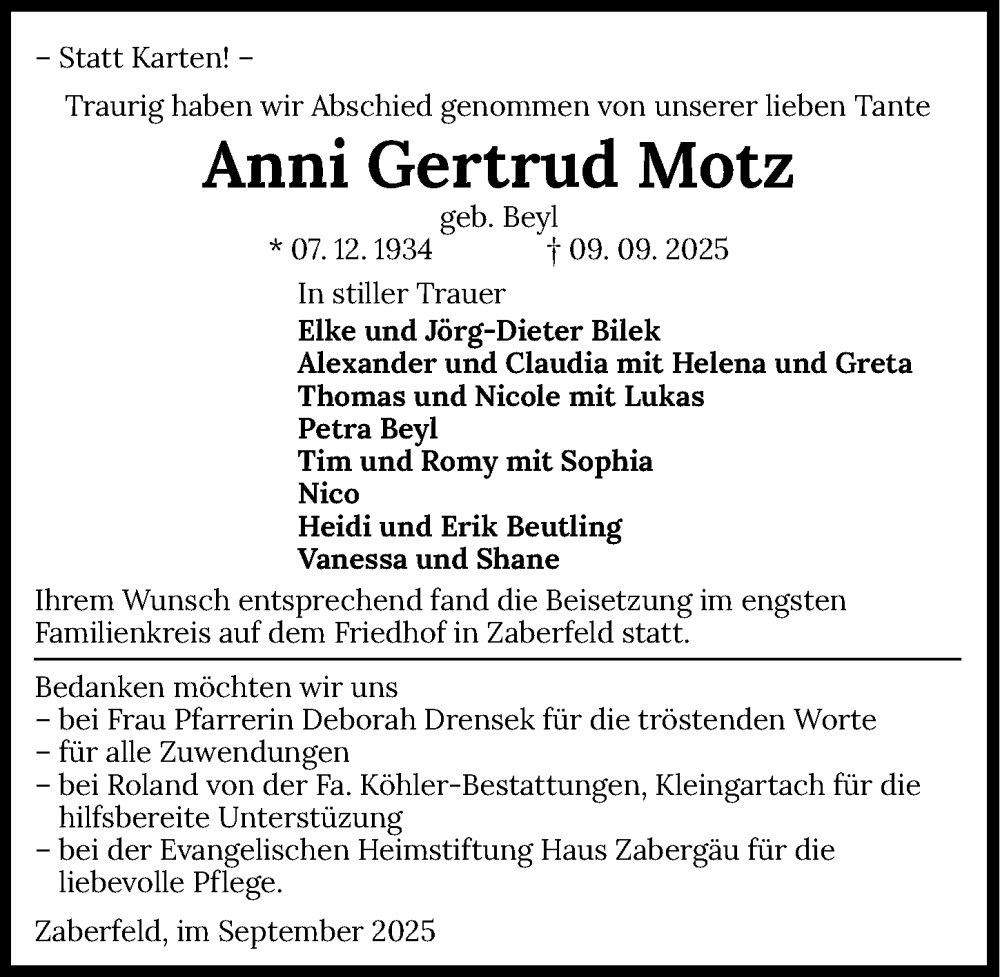  Traueranzeige für Anni Gertrud Motz vom 30.09.2025 aus GESAMT