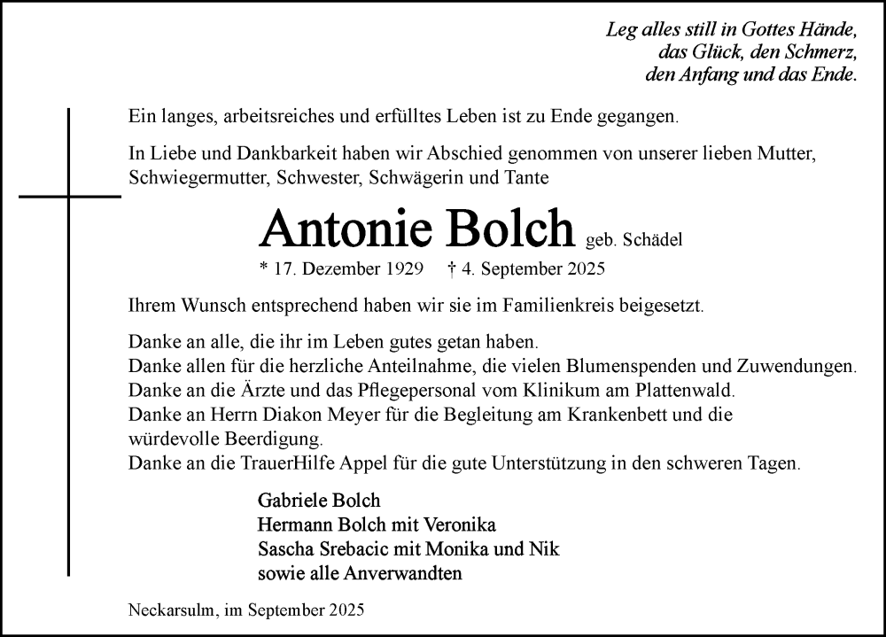  Traueranzeige für Antonie Bolch vom 13.09.2025 aus GESAMT