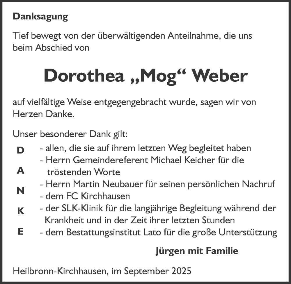  Traueranzeige für Dorothea Weber vom 20.09.2025 aus GESAMT