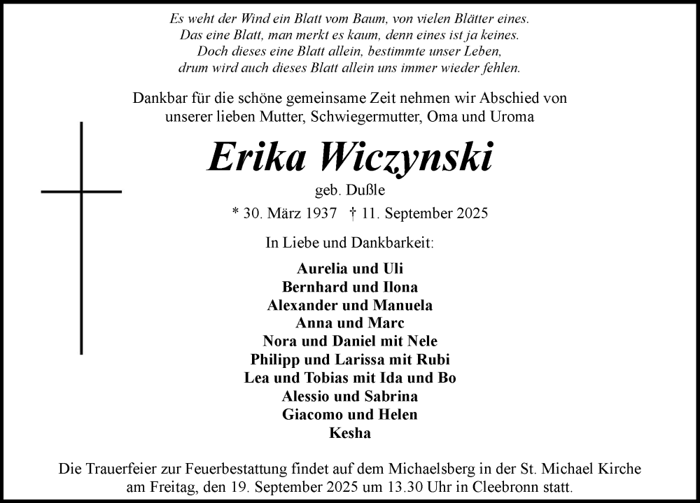  Traueranzeige für Erika Wiczynski vom 16.09.2025 aus GESAMT