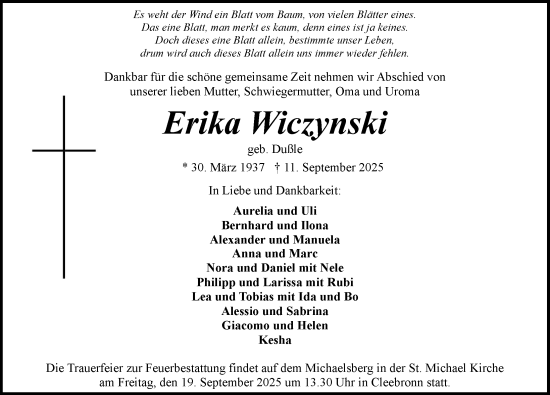 Traueranzeige von Erika Wiczynski von GESAMT