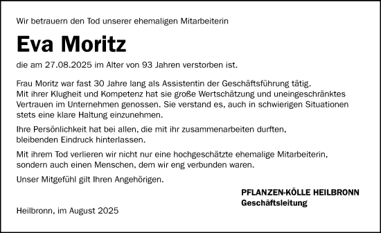 Traueranzeige von Eva Moritz von GESAMT