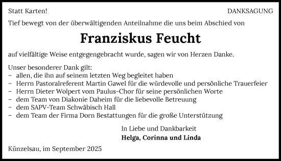 Traueranzeige von Franziskus Feucht von GESAMT