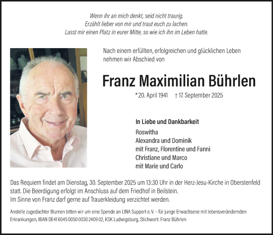 Traueranzeige von Franz Maximilian Bührlen von GESAMT