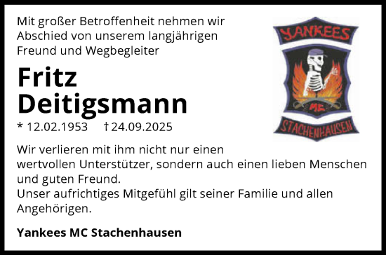 Traueranzeige von Fritz Deitigsmann von GESAMT