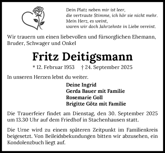 Traueranzeige von Fritz Deitigsmann von GESAMT