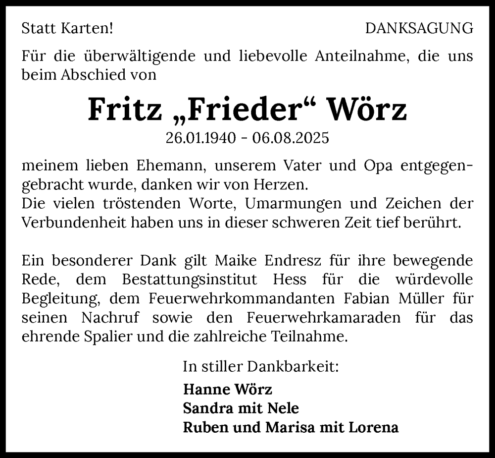  Traueranzeige für Fritz Wörz vom 13.09.2025 aus GESAMT