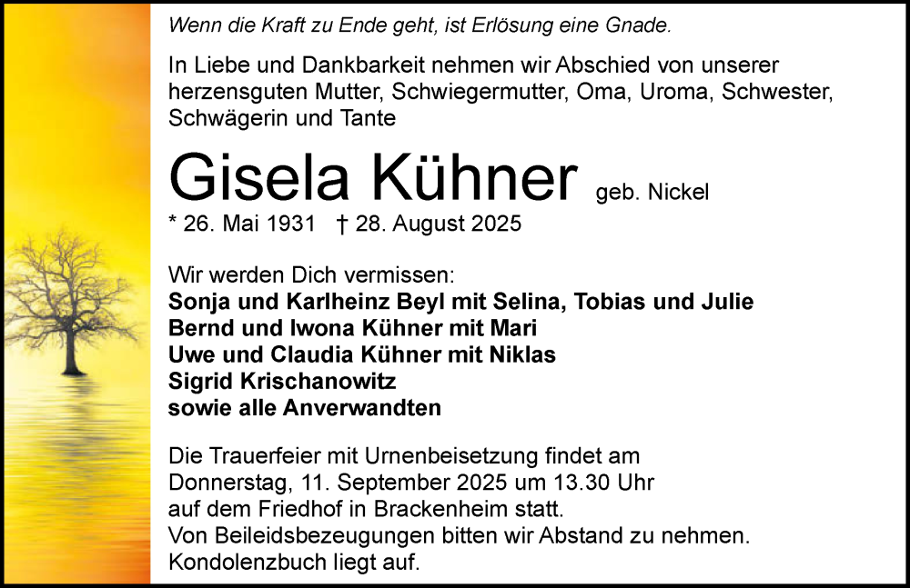  Traueranzeige für Gisela Kühner vom 06.09.2025 aus GESAMT