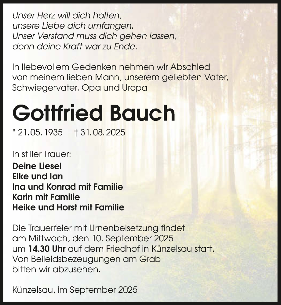  Traueranzeige für Gottfried Bauch vom 06.09.2025 aus GESAMT