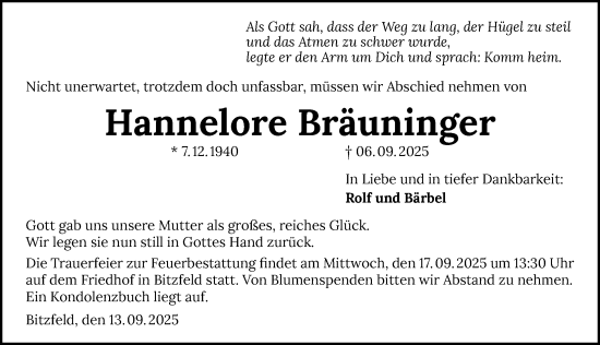 Traueranzeige von Hannelore Bräuninger von GESAMT