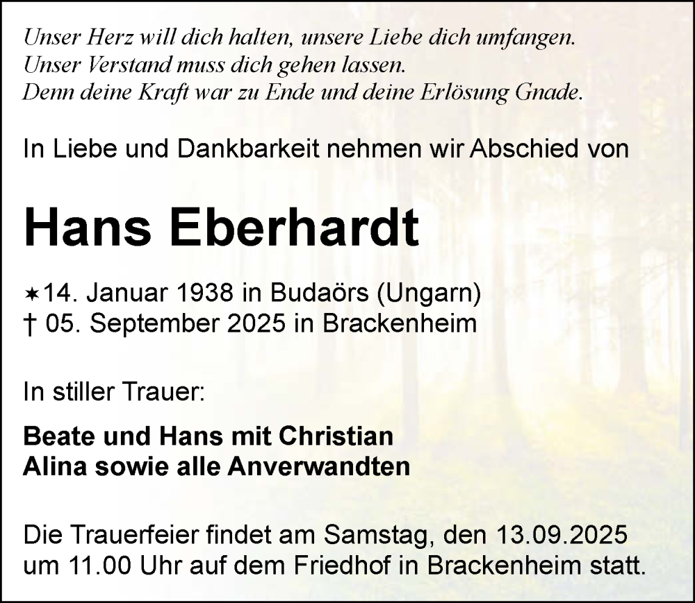  Traueranzeige für Hans Eberhardt vom 10.09.2025 aus GESAMT
