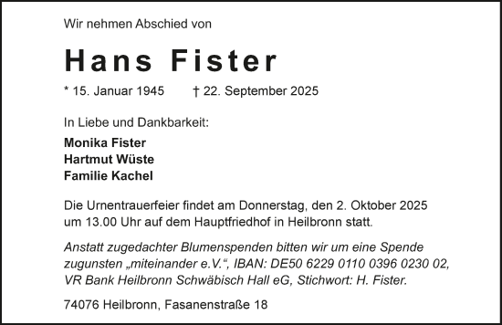 Traueranzeige von Hans Fister von GESAMT