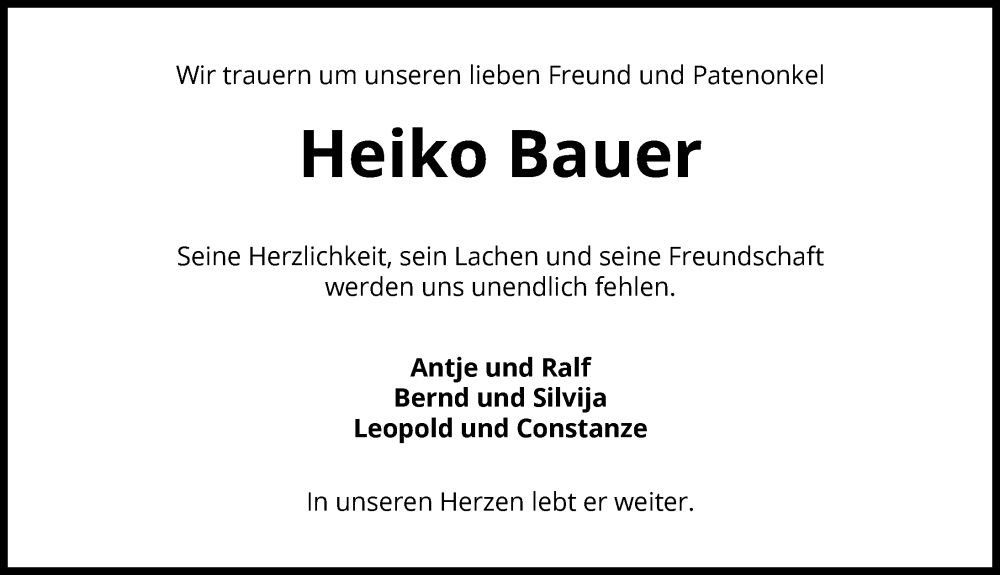  Traueranzeige für Heiko Bauer vom 06.09.2025 aus GESAMT