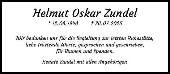 Traueranzeige von Helmut Oskar Zundel von GESAMT