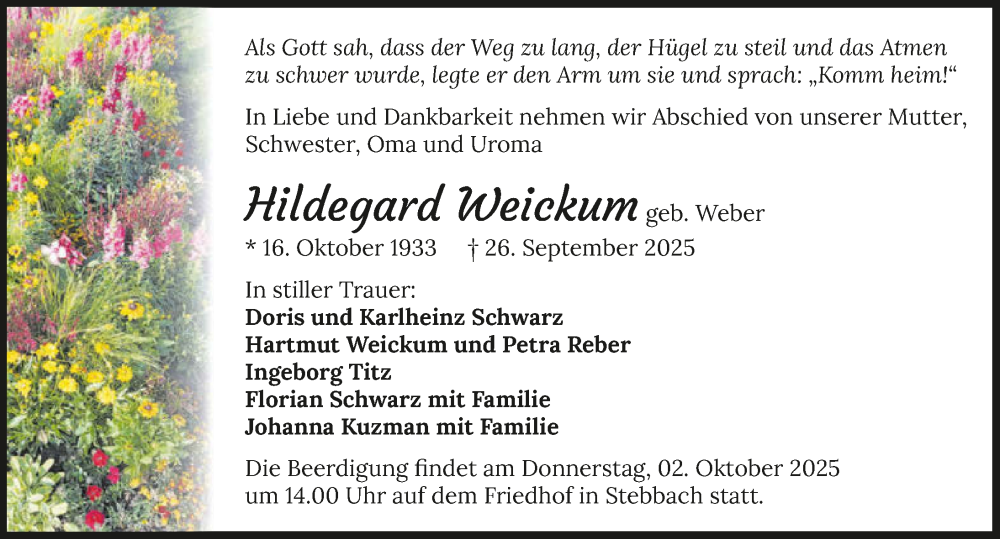  Traueranzeige für Hildegard Weickum vom 30.09.2025 aus GESAMT