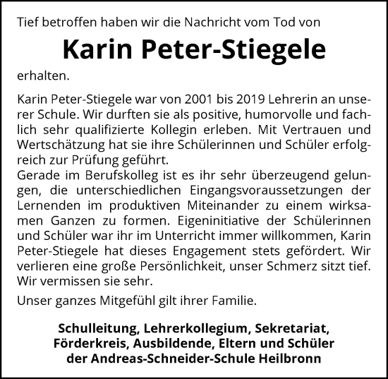 Traueranzeige von Karin Peter-Stiegele von GESAMT