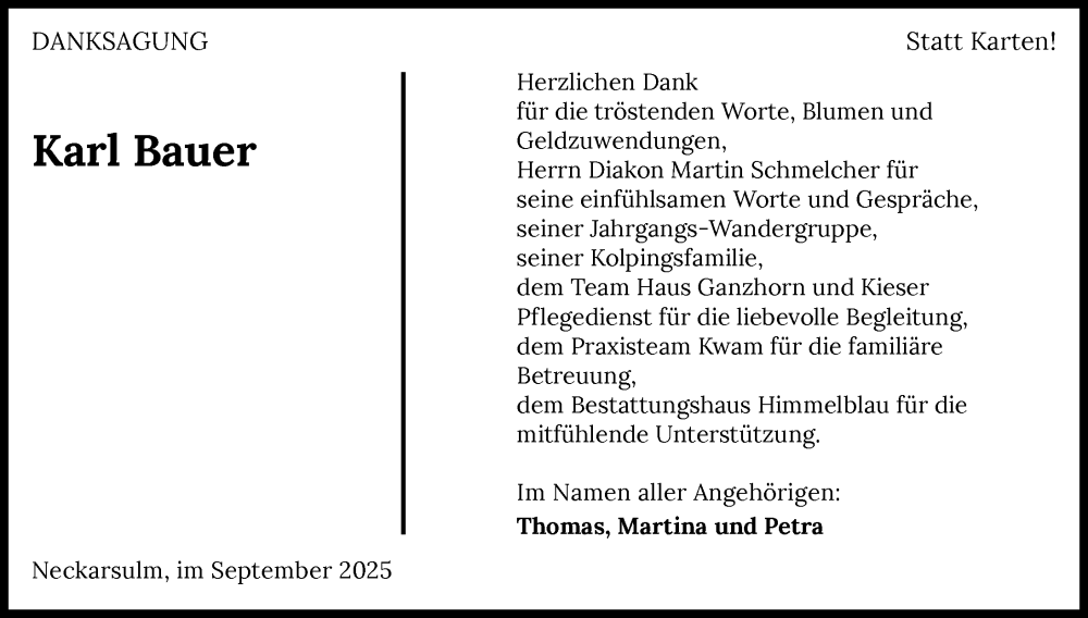  Traueranzeige für Karl Bauer vom 27.09.2025 aus GESAMT