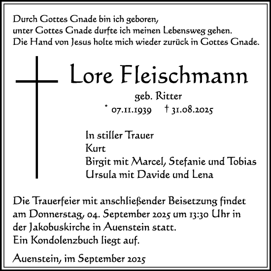 Traueranzeige von Lore Fleischmann von GESAMT