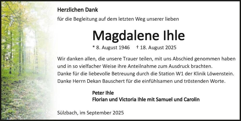 Traueranzeige für Magdalene Ihle vom 13.09.2025 aus GESAMT