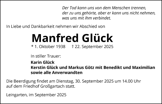 Traueranzeige von Manfred Glück von GESAMT