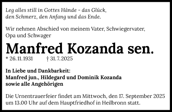 Traueranzeige von Manfred Kozanda von GESAMT