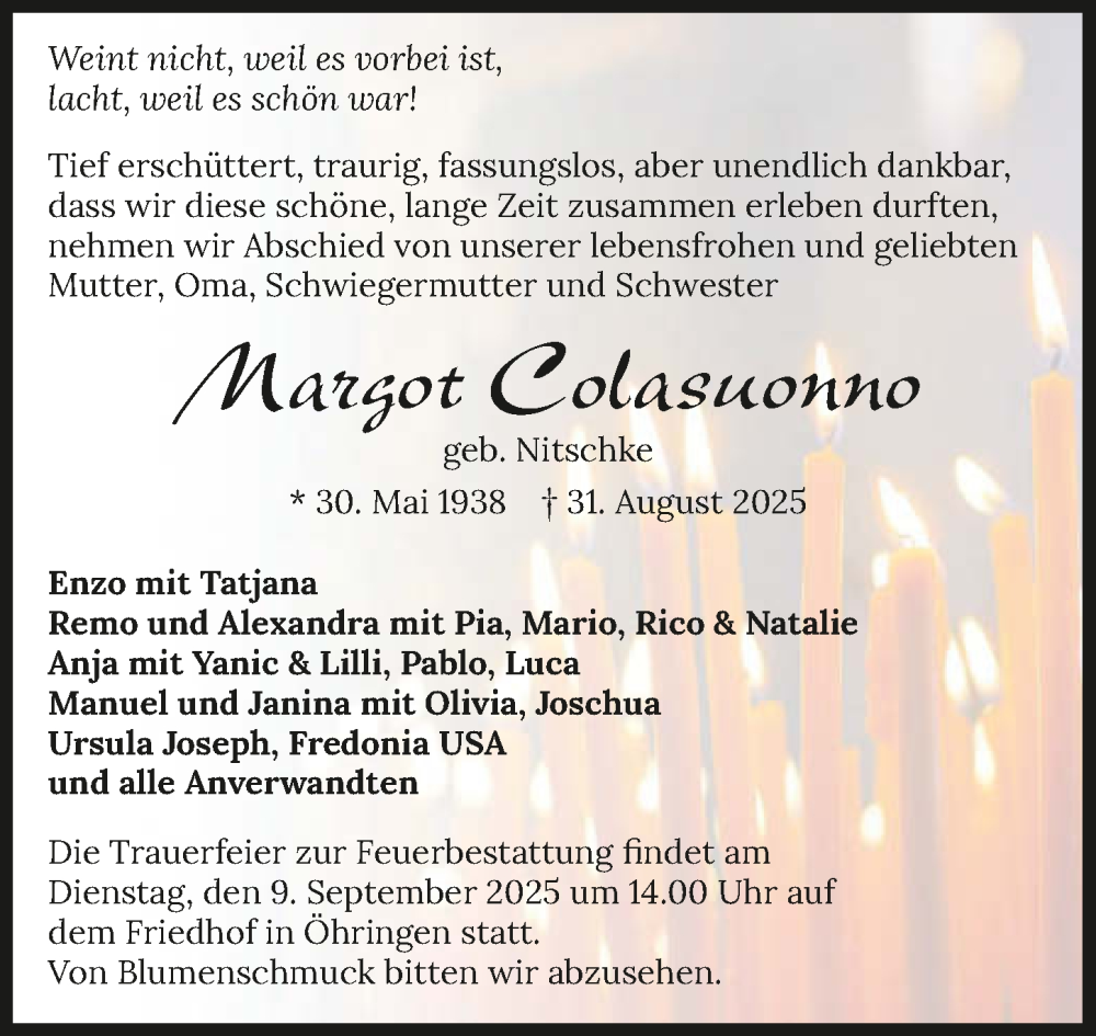  Traueranzeige für Margot Colasuonno vom 06.09.2025 aus GESAMT