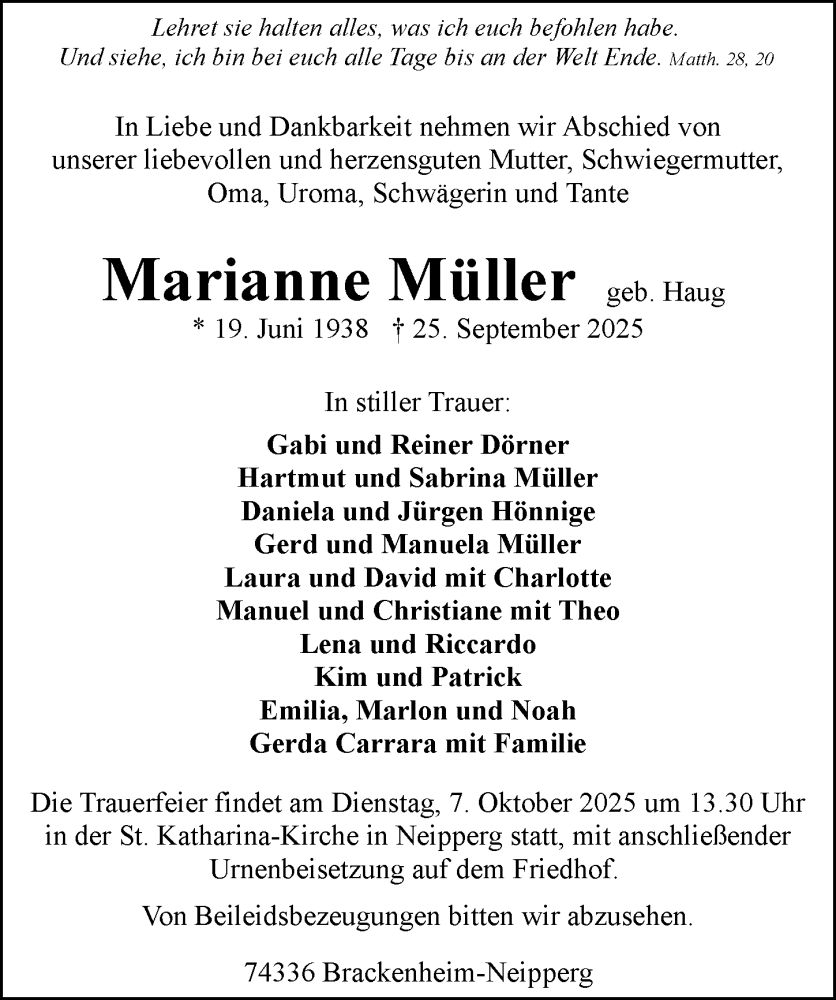  Traueranzeige für Marianne Müller vom 30.09.2025 aus GESAMT