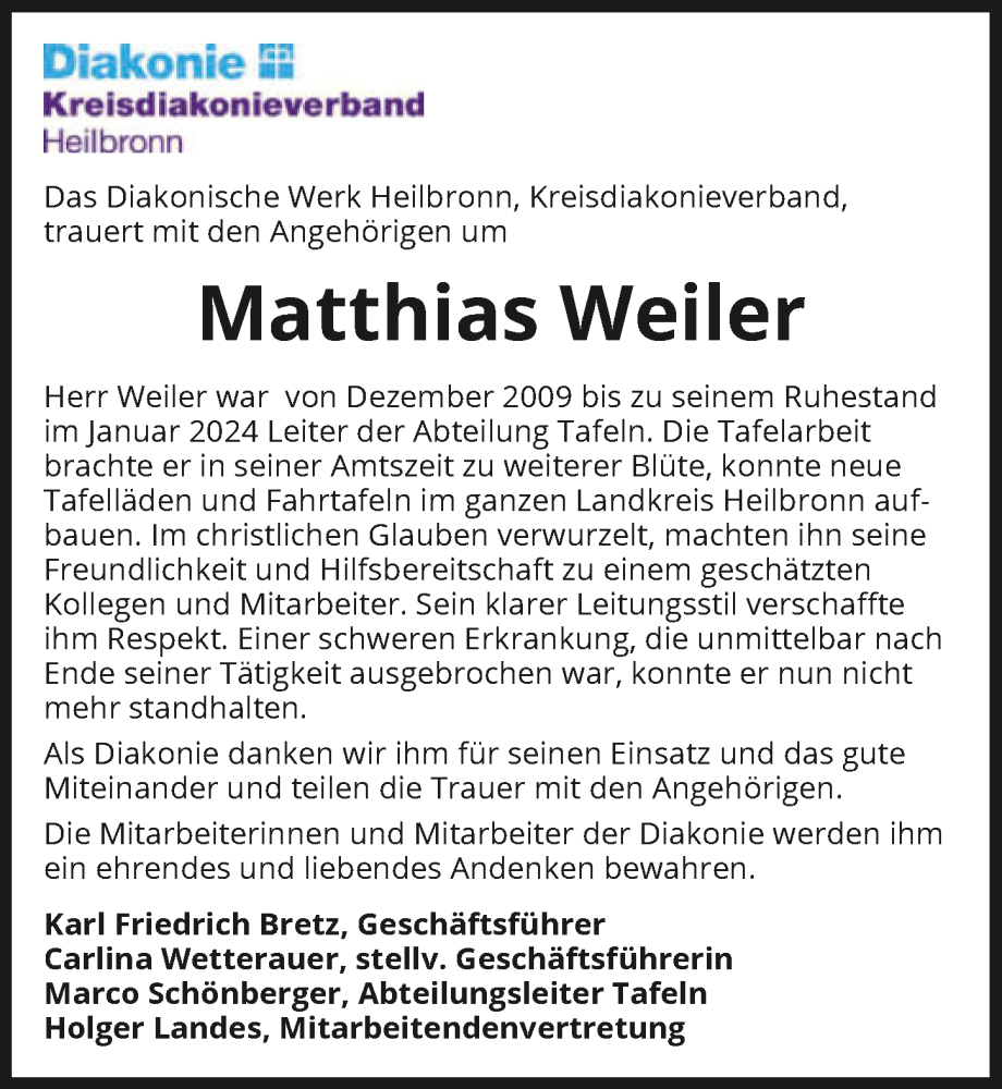  Traueranzeige für Matthias Weiler vom 13.09.2025 aus GESAMT