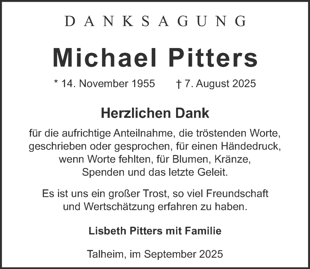  Traueranzeige für Michael Pitters vom 13.09.2025 aus GESAMT