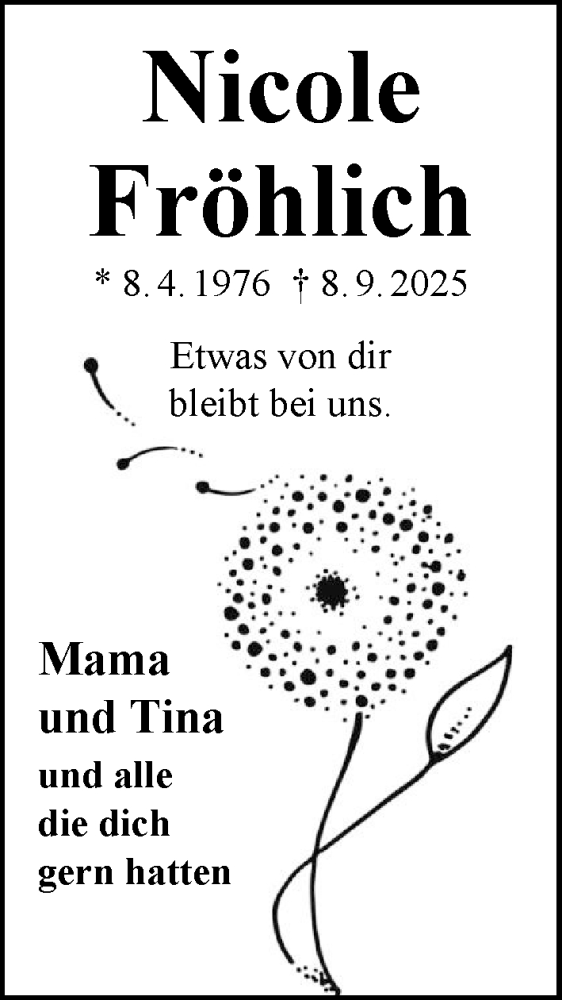  Traueranzeige für Nicole Fröhlich vom 20.09.2025 aus GESAMT